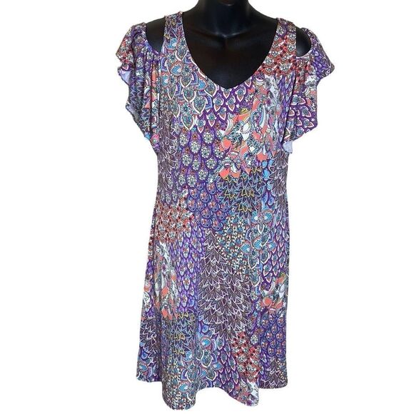 Ivy lane cold shoulder ruffle sleeve boho colorful geometric fairy feather dress - Picture 1 of 7